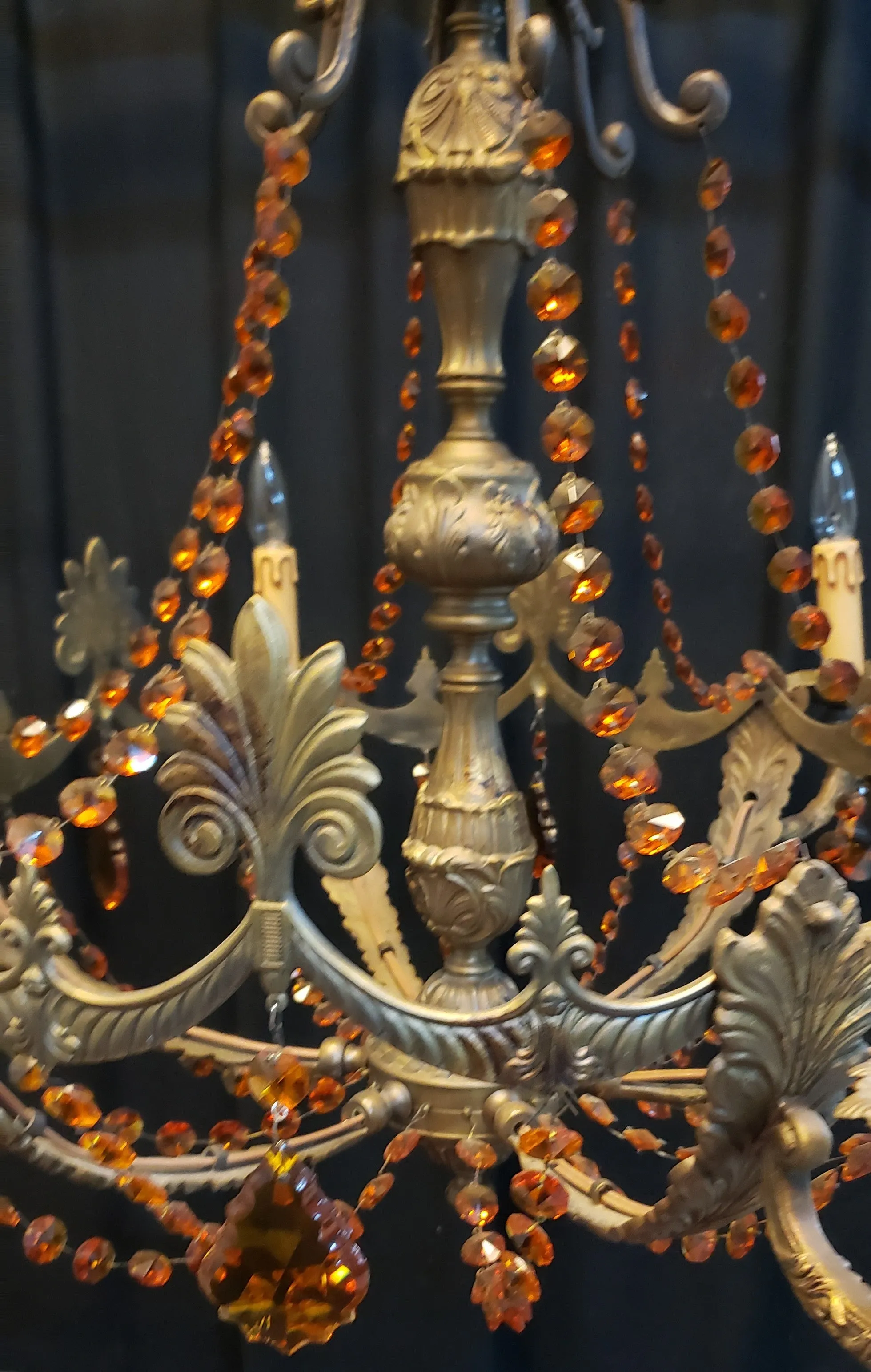 Art Nouveau Brass Chandelier w/ Faceted Crystal Amber Prisms 35" W x 22" GA9193