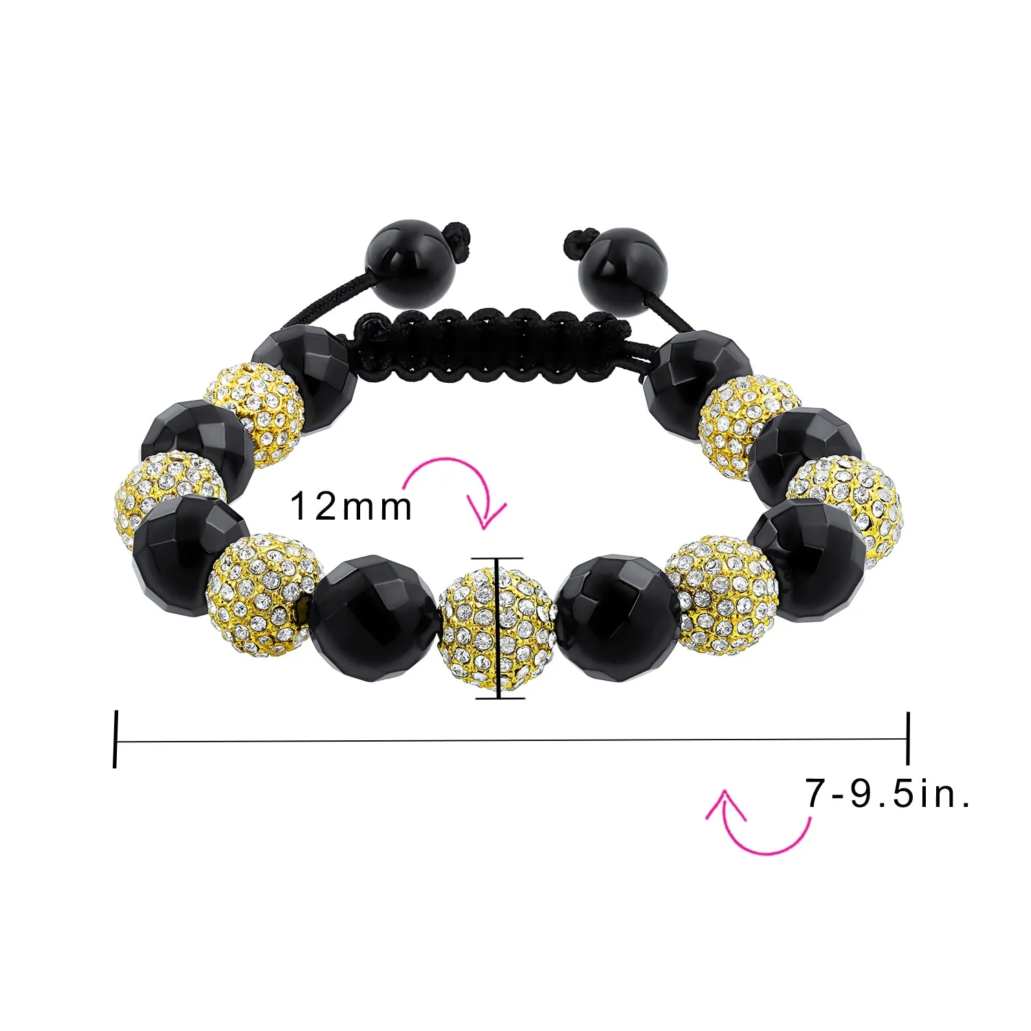 Black Gold Tone Pave Crystal Strand Bracelet for Men with Ball Black Cord