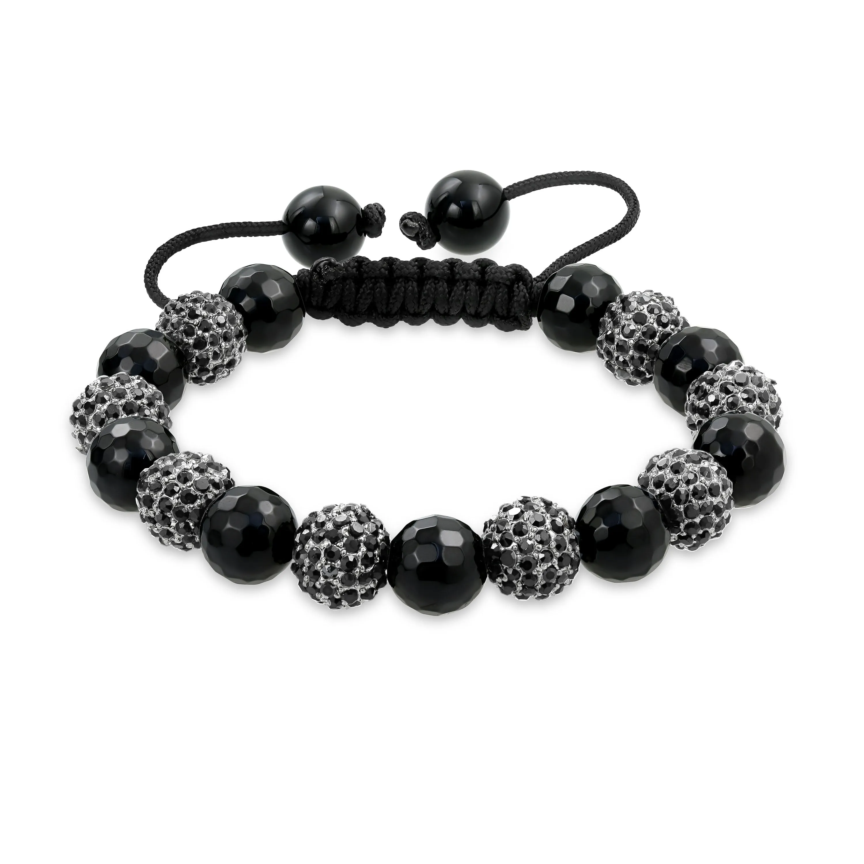 Black Gold Tone Pave Crystal Strand Bracelet for Men with Ball Black Cord