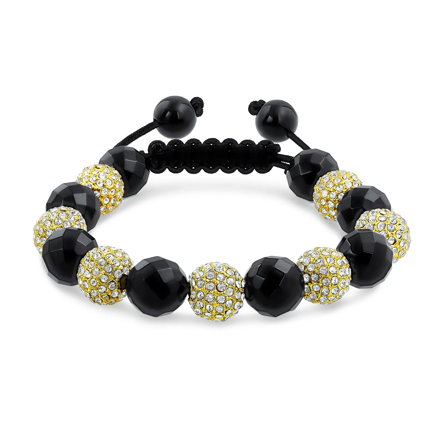 Black Gold Tone Pave Crystal Strand Bracelet for Men with Ball Black Cord