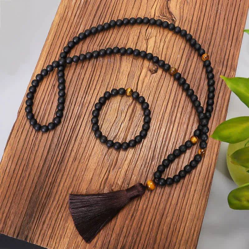 Buddha Stones 108 Mala Beads Frosted Stone Tiger Eye Balance Bracelet Necklace Pendant