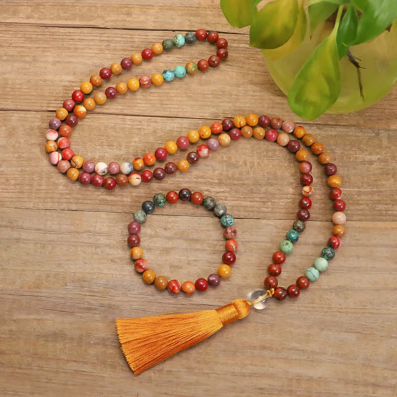 Buddha Stones 108 Mala Beads Mookaite Emotional Growth Bracelet Tassel Necklace Pendant