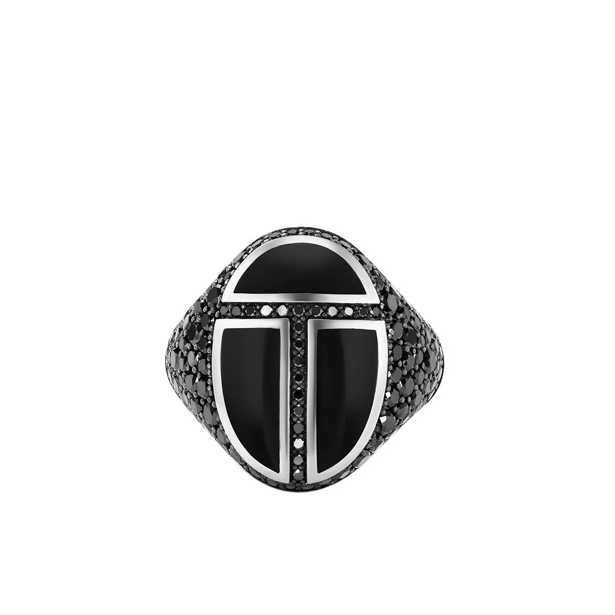 Cairo Signet Ring in Sterling Silver with Black Onyx and Pave Black Diamonds