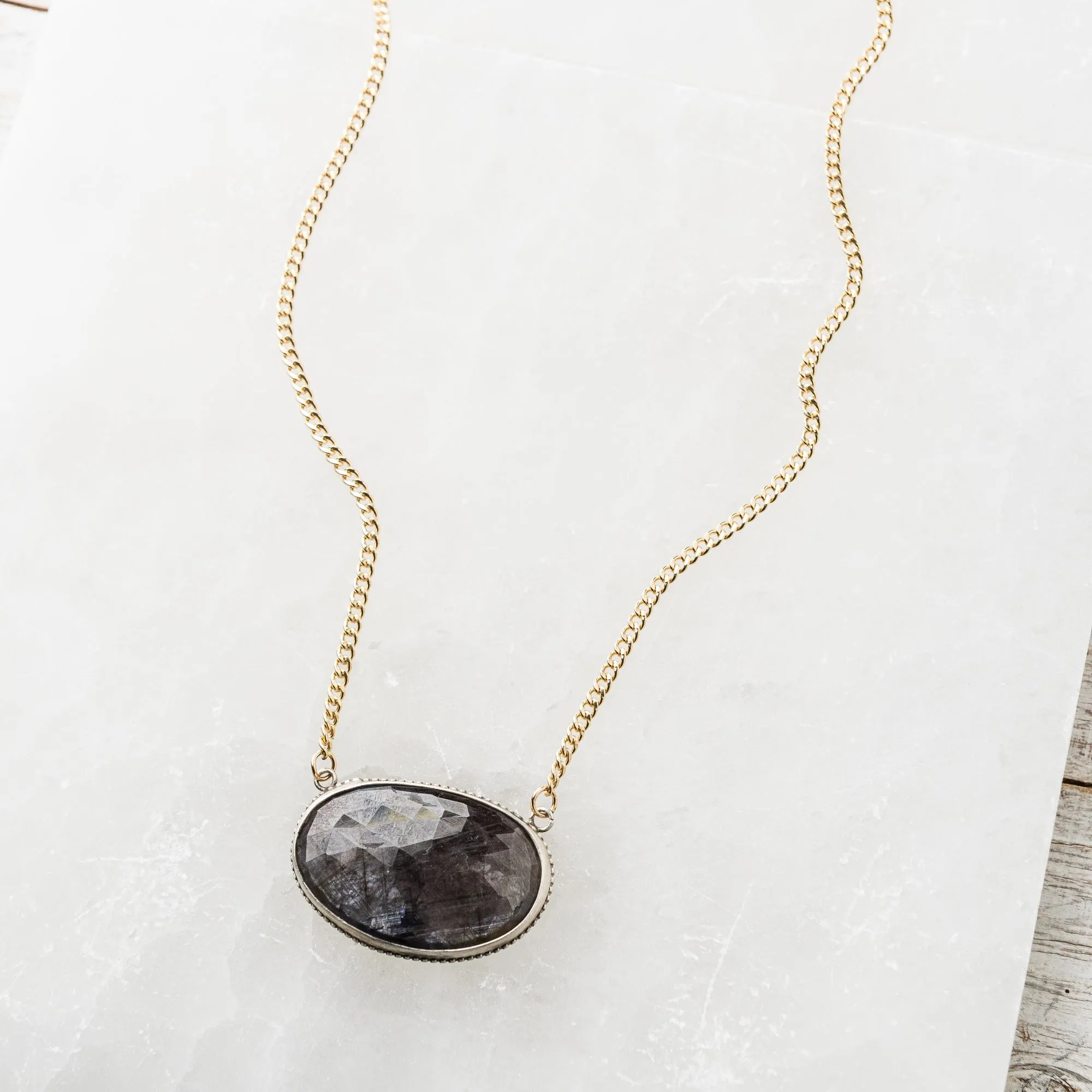 Chocolate Sapphire Necklace on Gold Filled Curb Chain