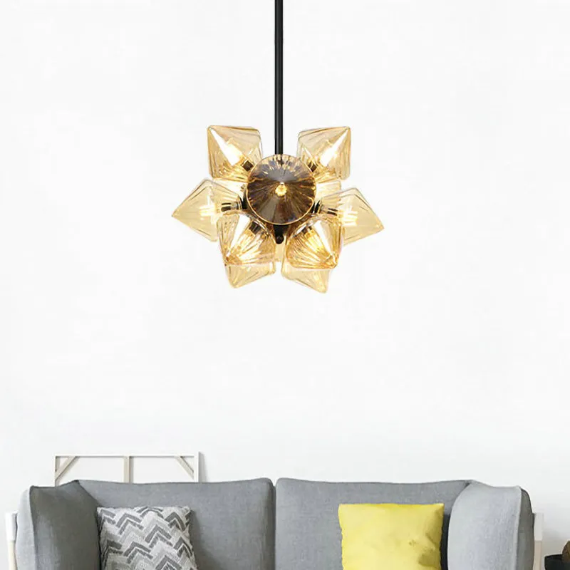 Contemporary Amber Glass Diamond Chandelier Lamp - 9/12 Bulbs - Hanging Pentant Light for Living Room