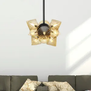 Contemporary Amber Glass Diamond Chandelier Lamp - 9/12 Bulbs - Hanging Pentant Light for Living Room