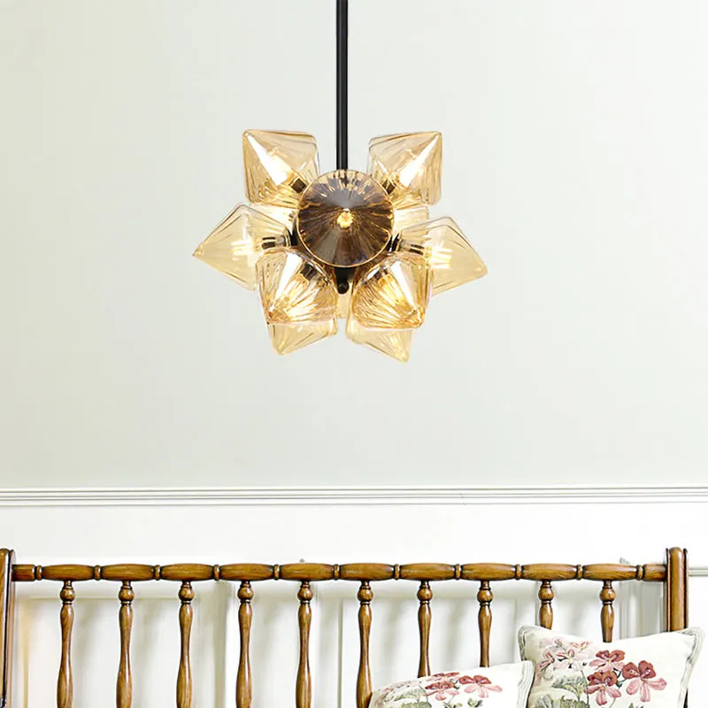 Contemporary Amber Glass Diamond Chandelier Lamp - 9/12 Bulbs - Hanging Pentant Light for Living Room