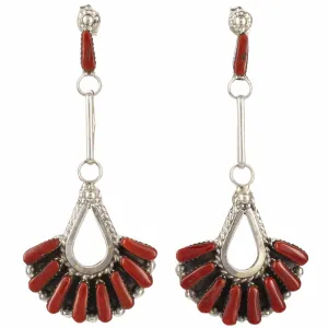 Coral Zuni Needle Point USA Native American Made 925 Sterling Silver Earrings with Stud Backing