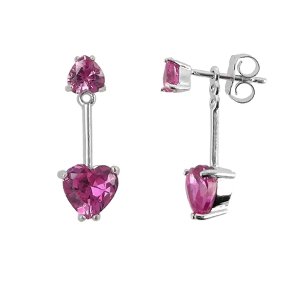 Created Pink Sapphire Front/Back Heart Earrings in Sterling Silver