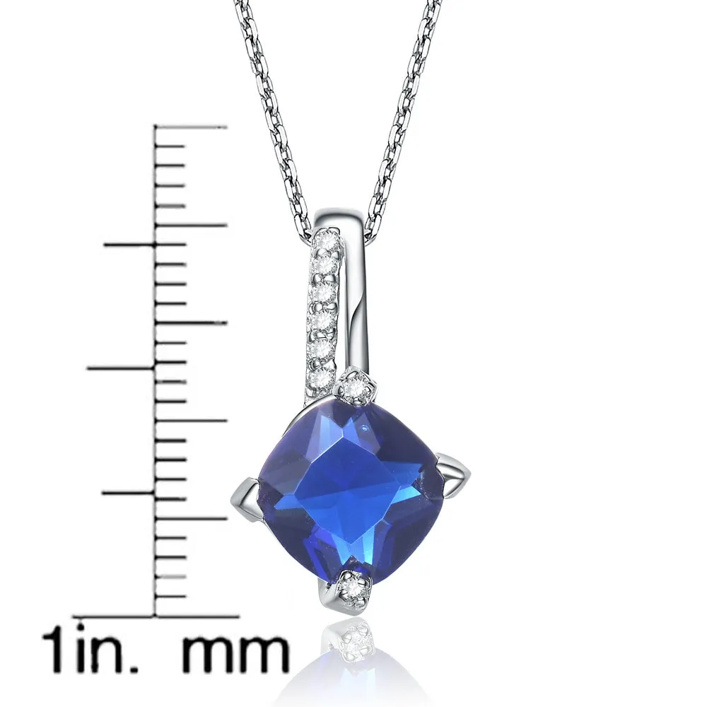 Cubic Zirconia Sterling Silver Rhodium Plated Round Sapphire Prong Set Pendant