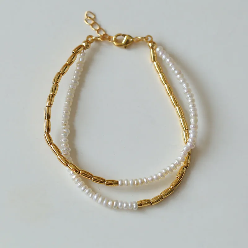 Cute 18K Gold Plated Double Line Colored Gemstone Beaded Bracelet