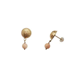 Dangling Coral Bead Hammered Dome Stud Earrings (14K)