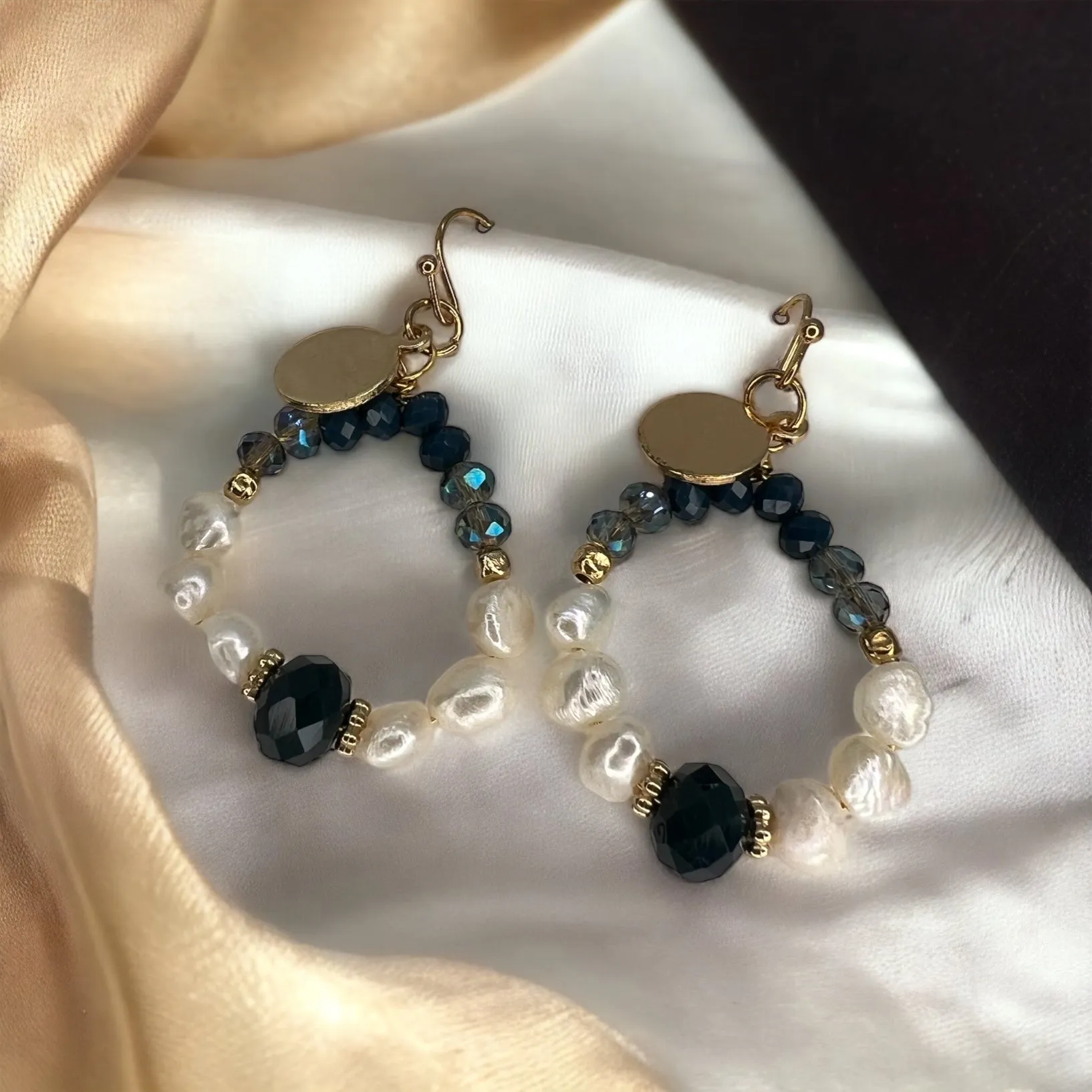 Delicate Beaded Earrings - Delicate Earrings, Gold Earrings, Bead Earrings, Blue Stones, Black Stones, Topaz Earrings