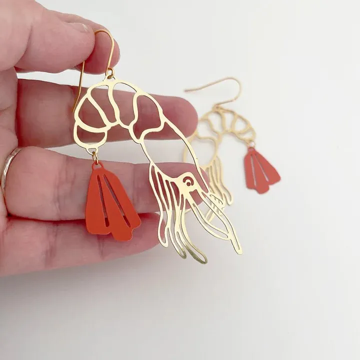 DENZ Prawn dangles in Gold   Coral - painted steel dangles