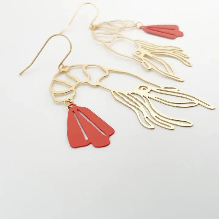 DENZ Prawn dangles in Gold   Coral - painted steel dangles