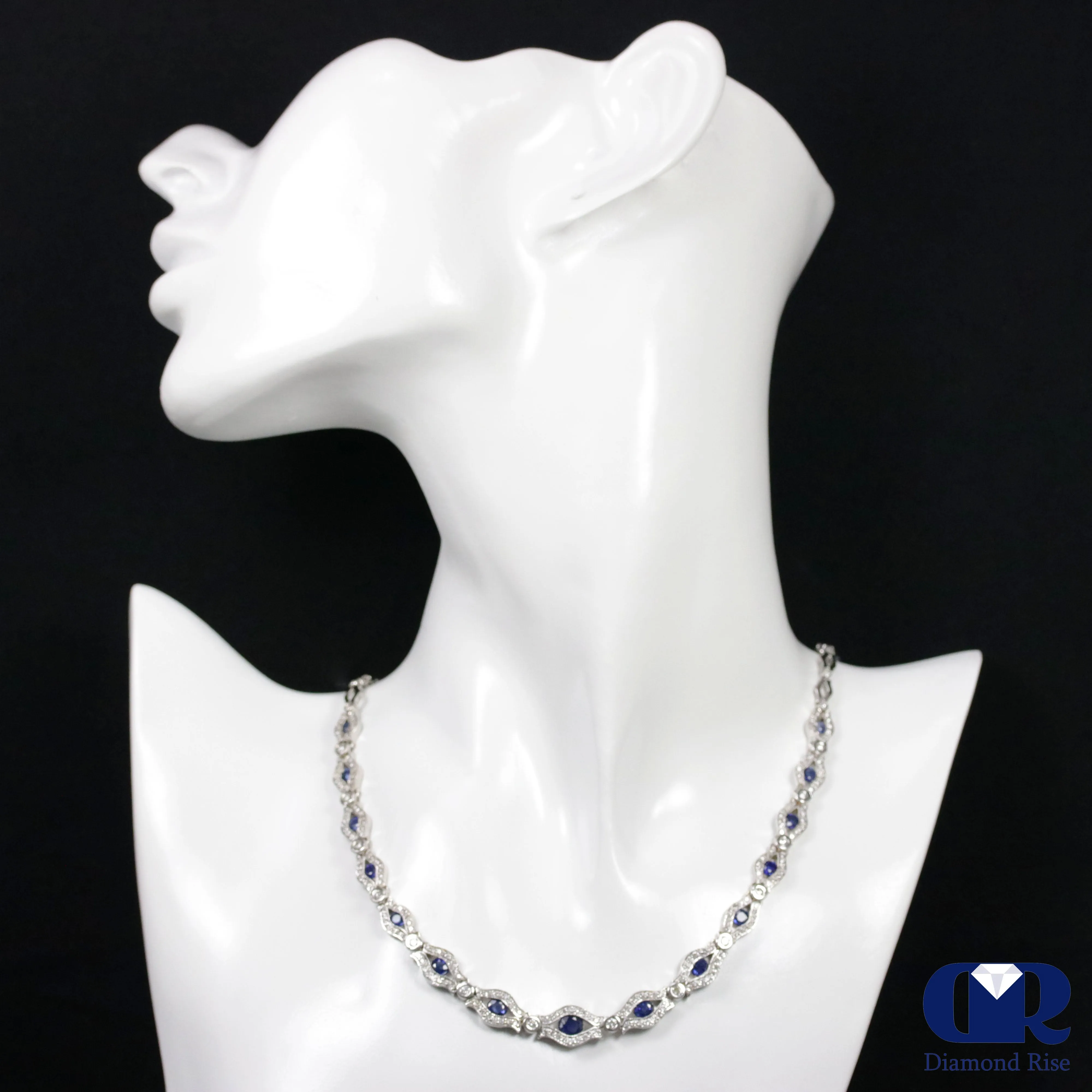 Diamonds & Sapphires Necklace In 18K White Gold 16"