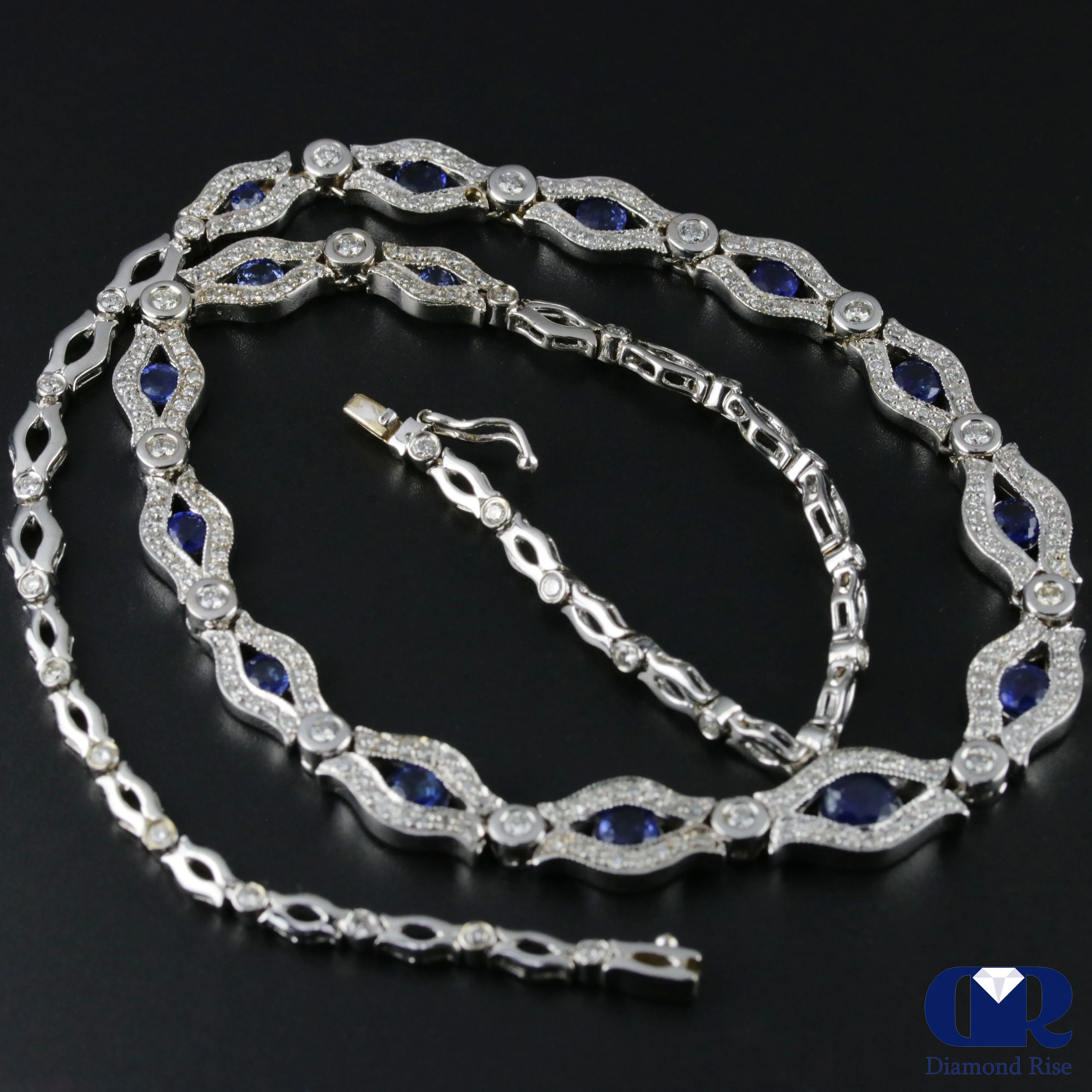 Diamonds & Sapphires Necklace In 18K White Gold 16"