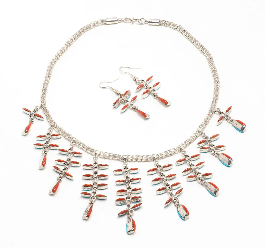 Elegant Sleeping Beauty Turquoise & Red Coral Necklace & Earrings Set