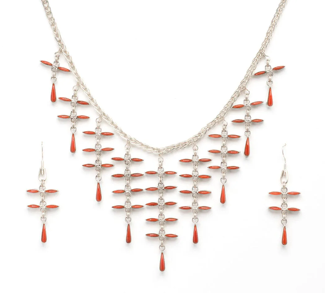 Elegant Sleeping Beauty Turquoise & Red Coral Necklace & Earrings Set