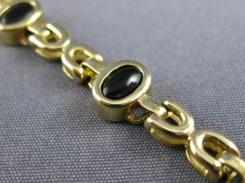 ESTATE LONG AAA CABOCHON BLACK ONYX 14KT YELLOW GOLD HANDCRAFTED BRACELET #22738