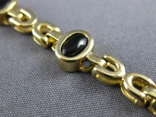 ESTATE LONG AAA CABOCHON BLACK ONYX 14KT YELLOW GOLD HANDCRAFTED BRACELET #22738