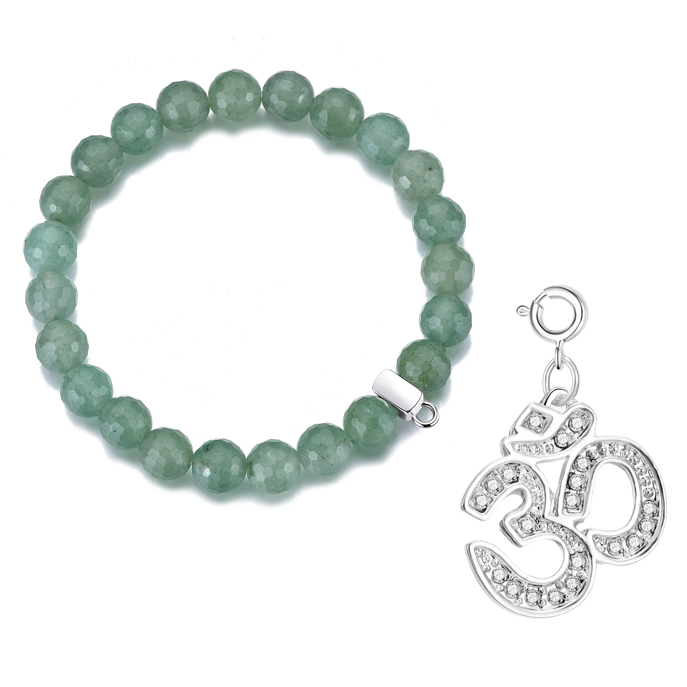 Faceted Green Aventurine Gemstone Stretch Bracelet with Charm Created with Zircondia® Crystals