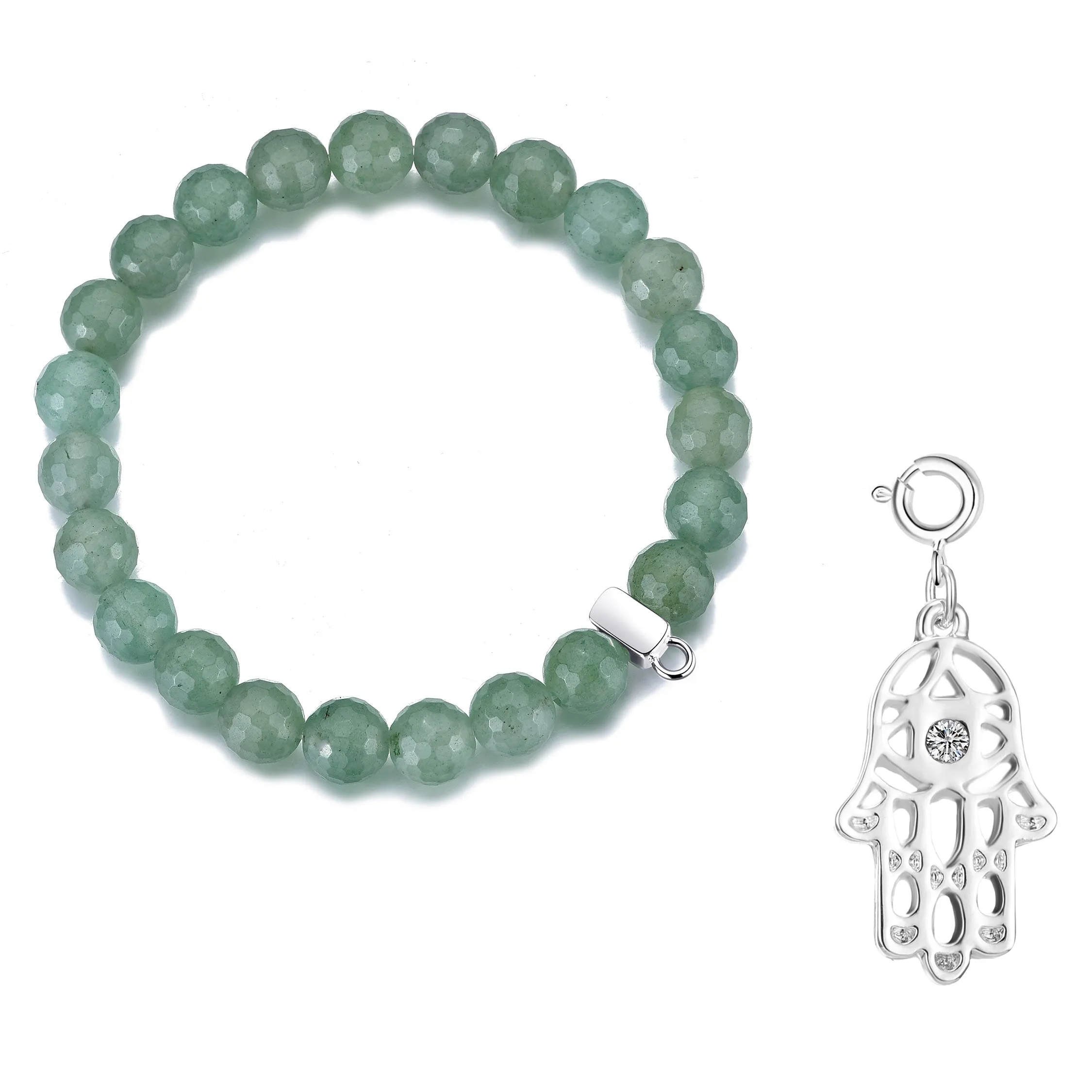 Faceted Green Aventurine Gemstone Stretch Bracelet with Charm Created with Zircondia® Crystals