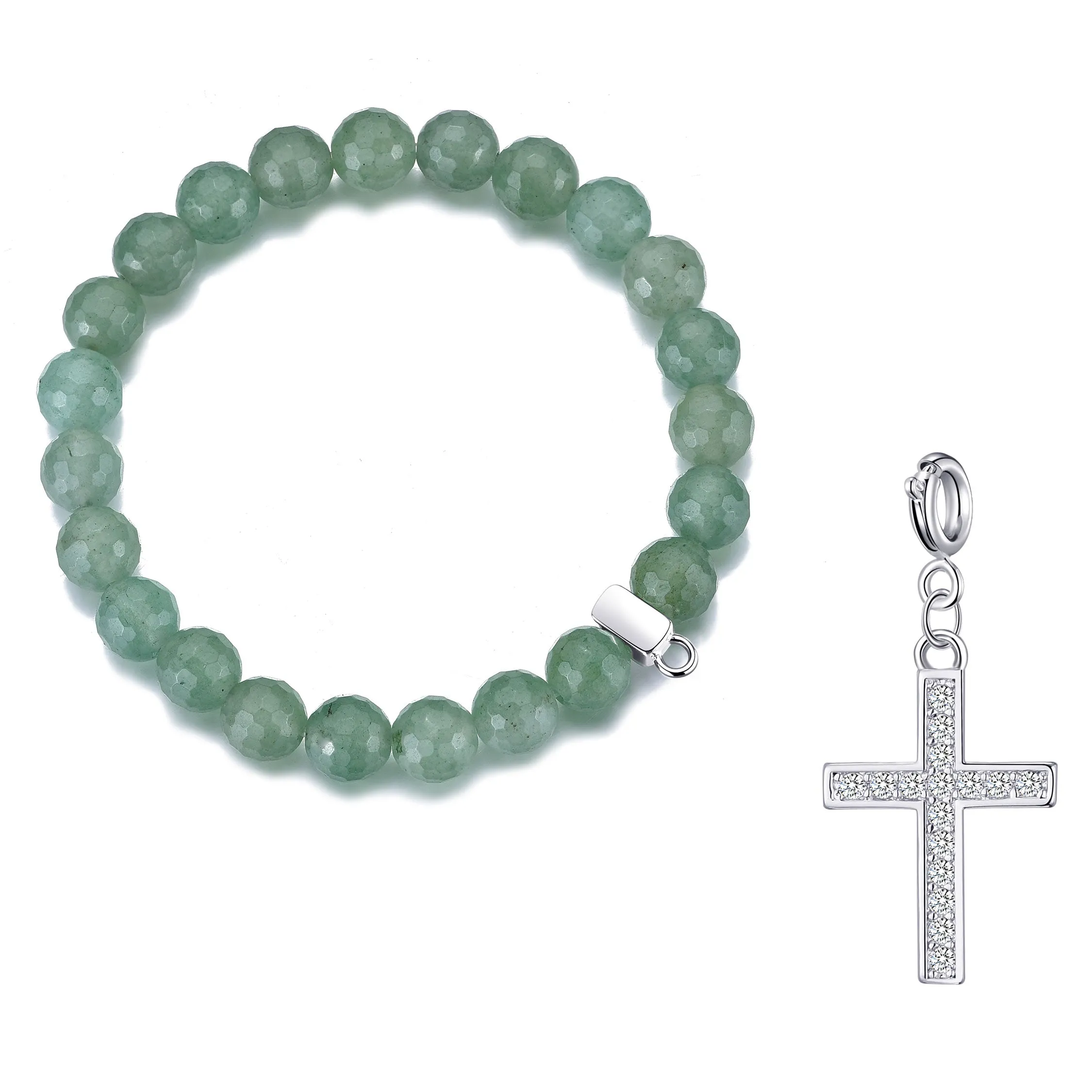 Faceted Green Aventurine Gemstone Stretch Bracelet with Charm Created with Zircondia® Crystals