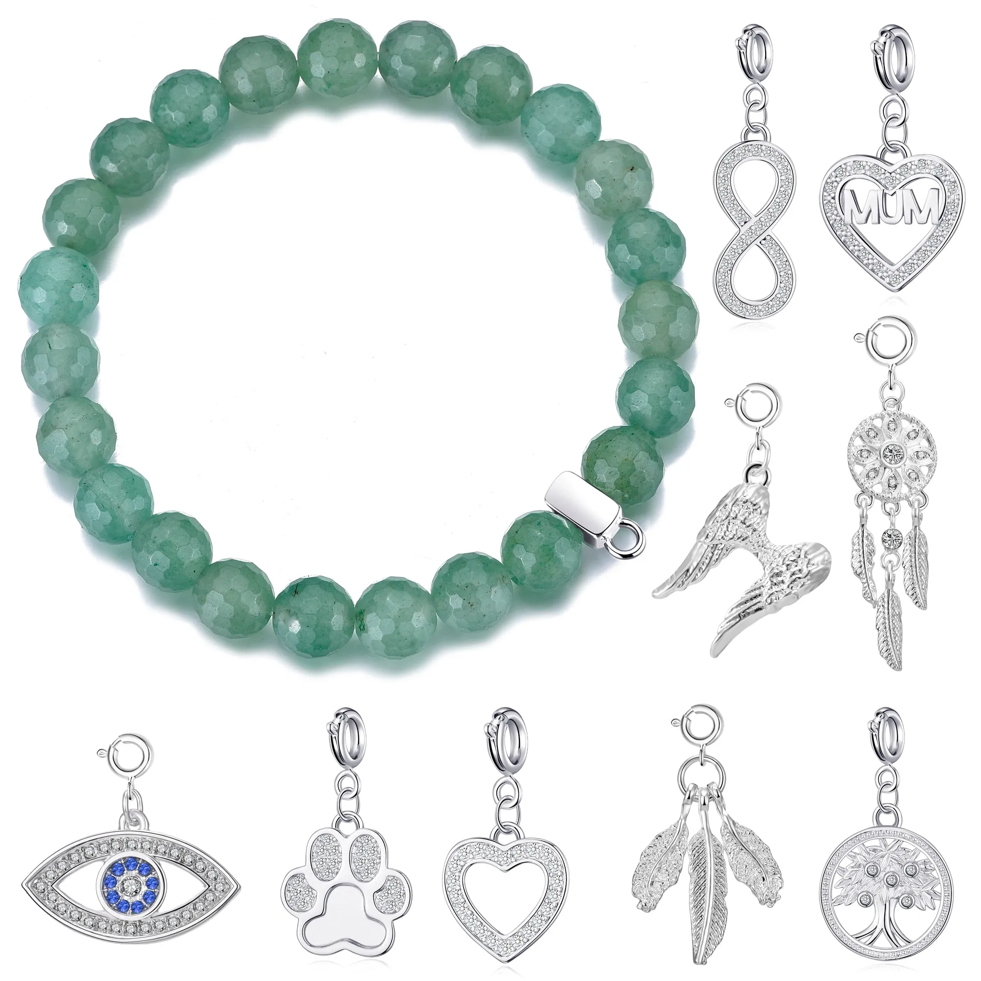 Faceted Green Aventurine Gemstone Stretch Bracelet with Charm Created with Zircondia® Crystals