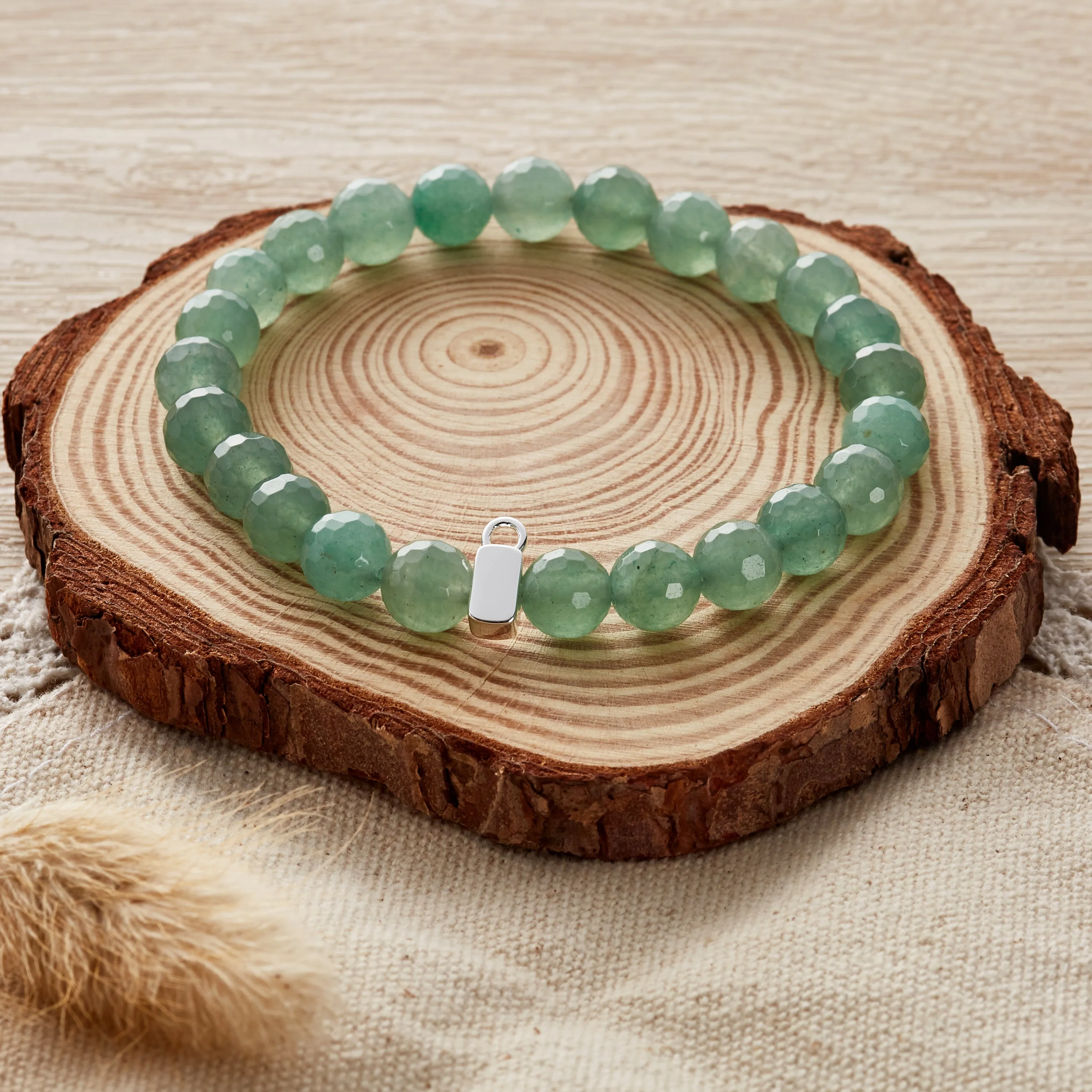 Faceted Green Aventurine Gemstone Stretch Bracelet with Charm Created with Zircondia® Crystals