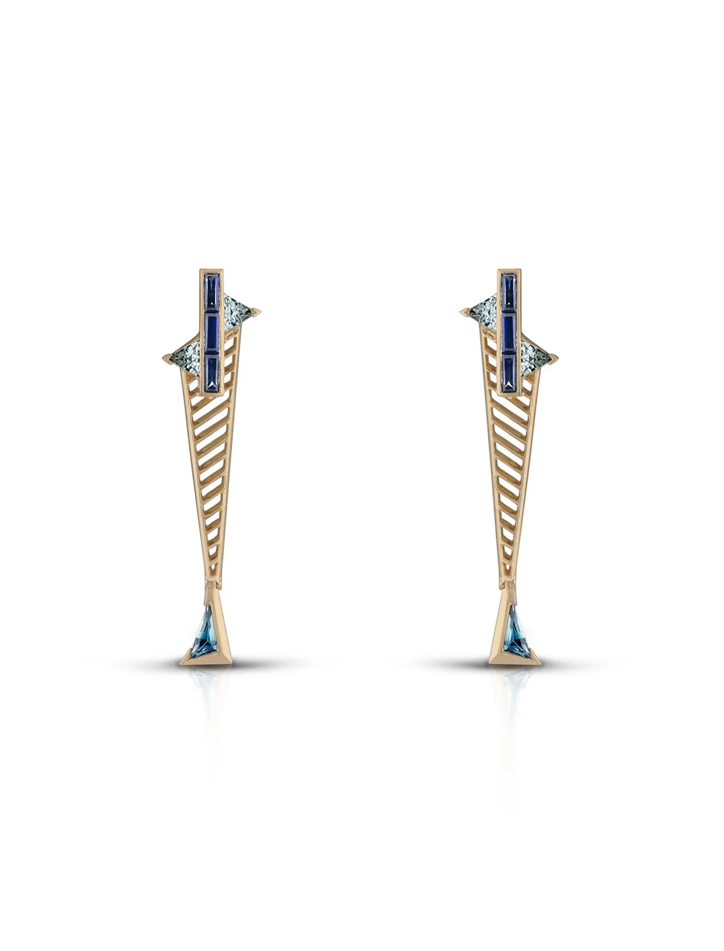 Fenestra Suspension, 18K Yellow Gold, Blue Sapphire, Aquamarine   Blue Topaz Earrings