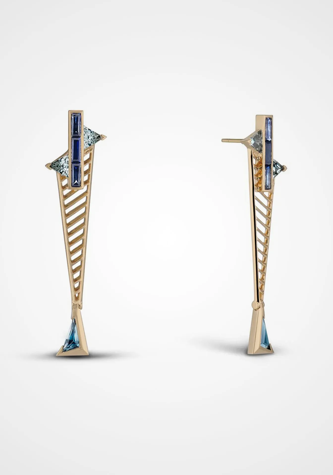 Fenestra Suspension, 18K Yellow Gold, Blue Sapphire, Aquamarine   Blue Topaz Earrings