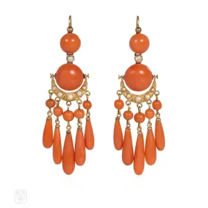 French antique coral and pearl fringe pendant earrings