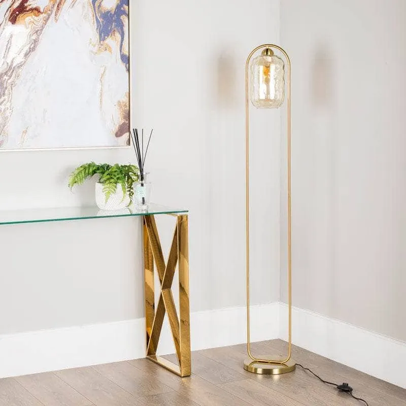 Genoa Satin Brass Amber Glass Floor Lamp