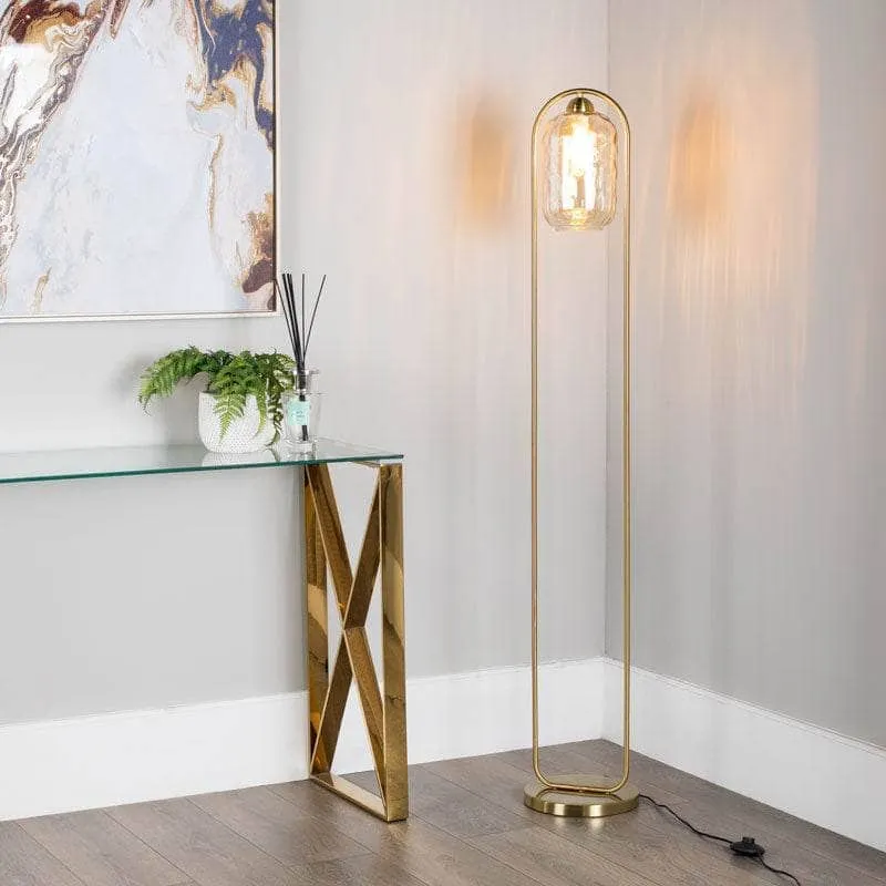 Genoa Satin Brass Amber Glass Floor Lamp