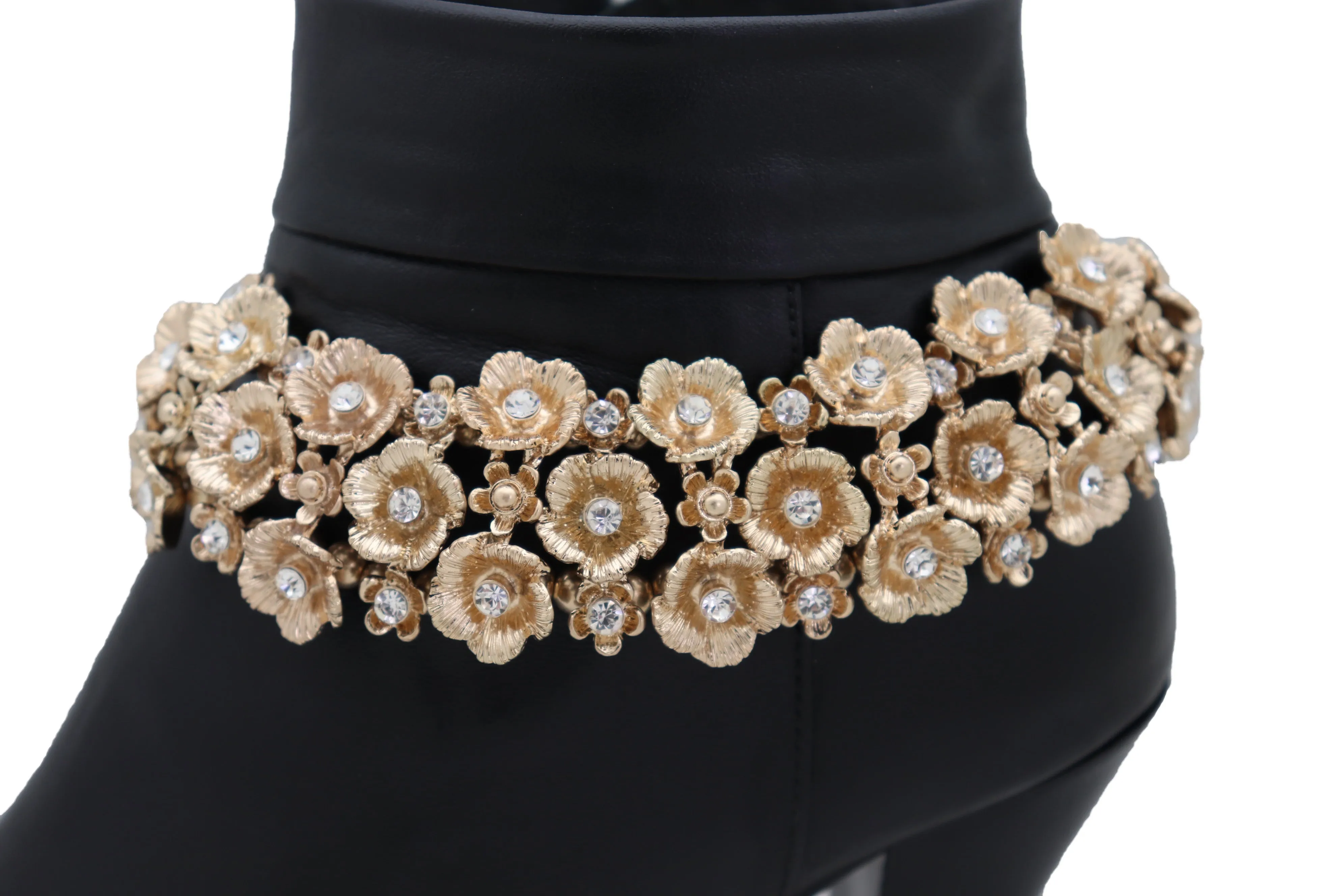 Gold Metal Chain Boot Bracelet Western Bling Flower Anklet Charm Bridal