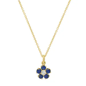 Large Blue Sapphire Flower Necklace with Diamond Center