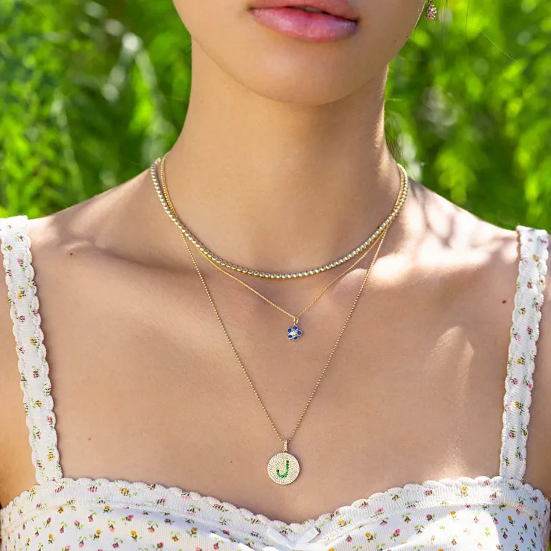 Large Blue Sapphire Flower Necklace with Diamond Center