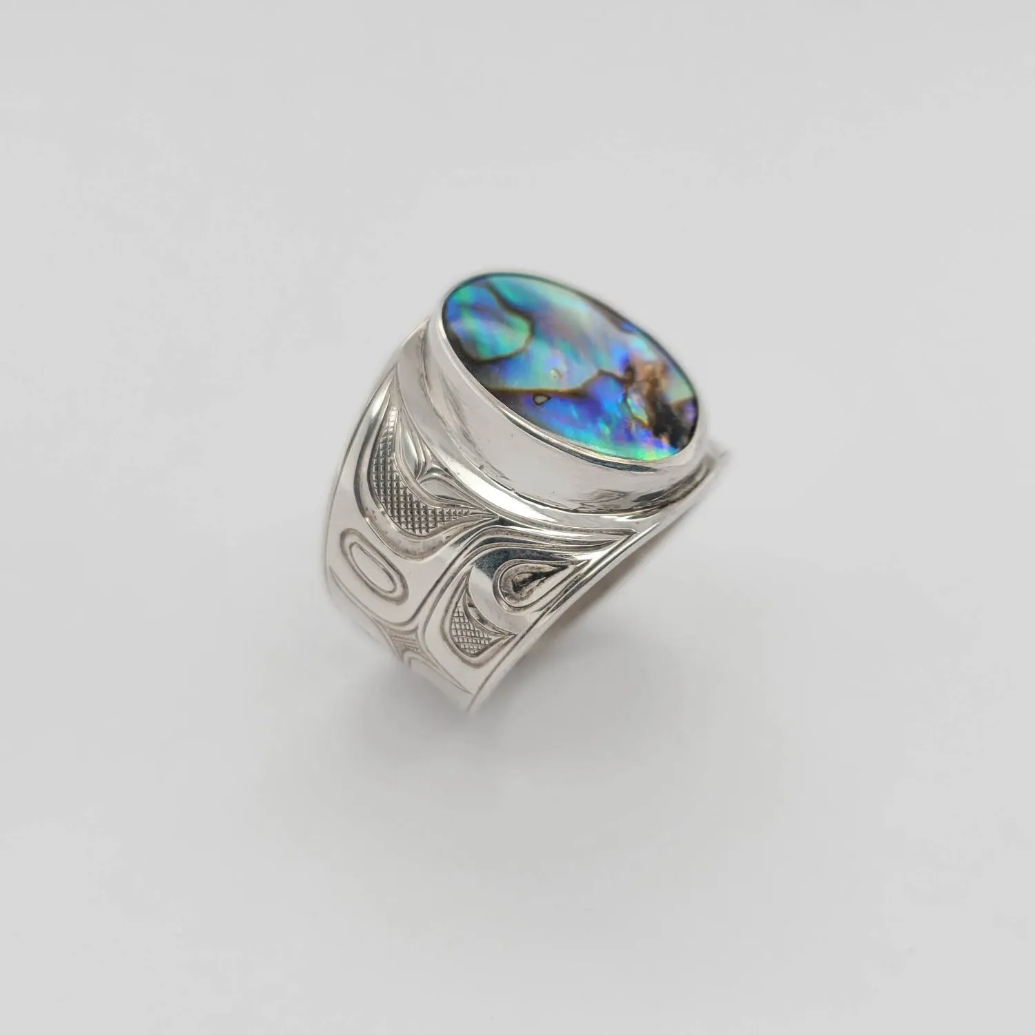 Large Silver and Abalone Orca Signet Ring