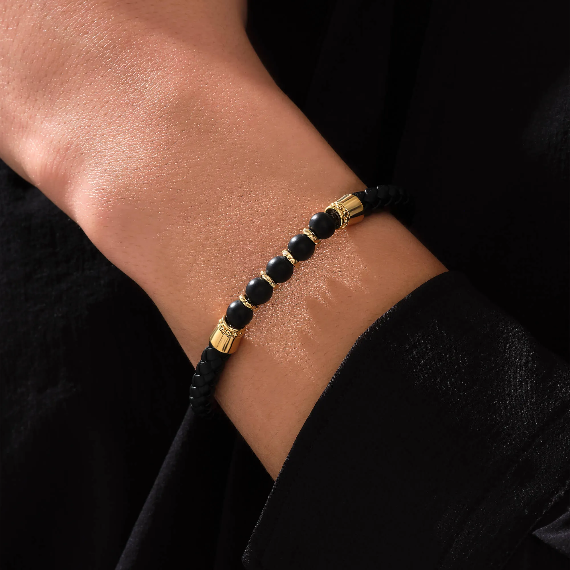 Leather Beaded Bracelet in Gold