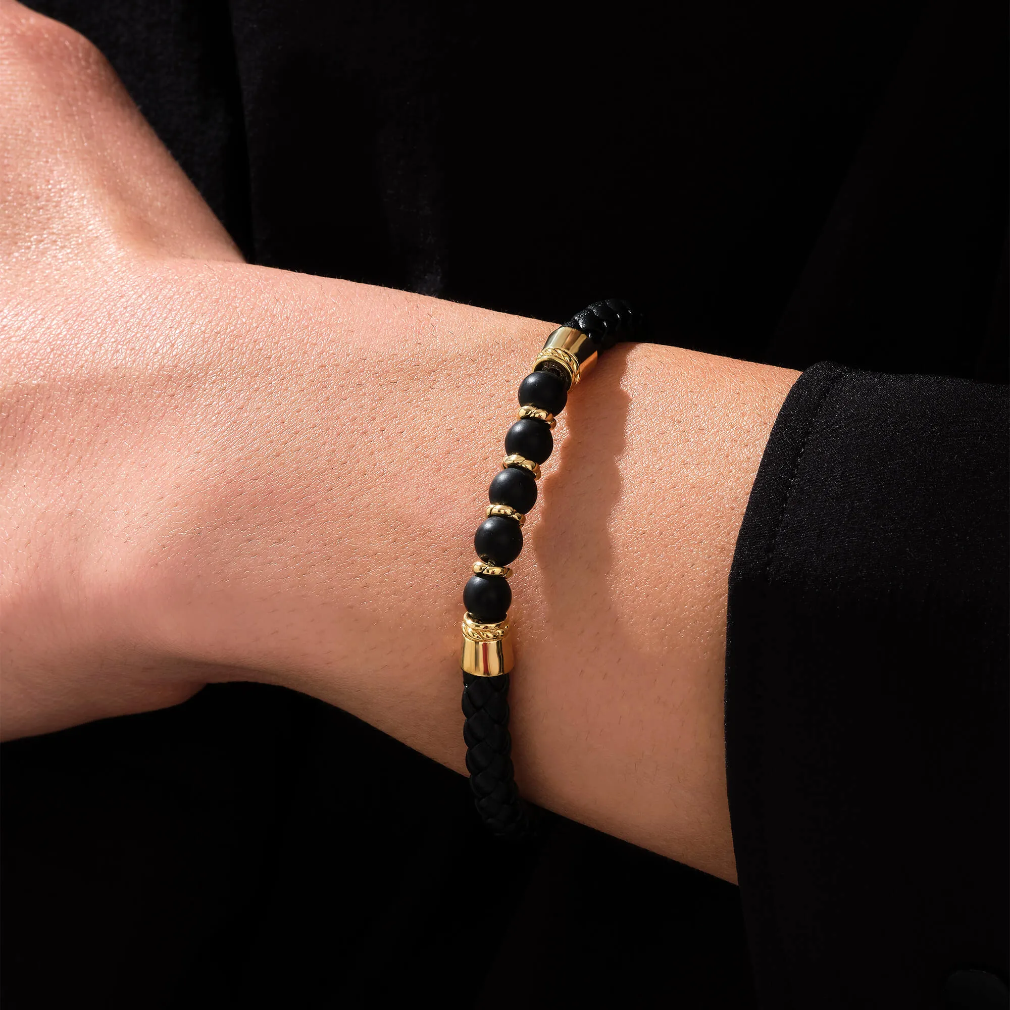 Leather Beaded Bracelet in Gold