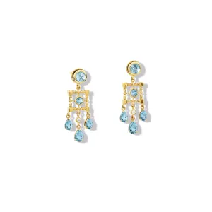 Mashrabiya Trellis Halo Earring Drops Yellow Gold - Blue Topaz & Diamond