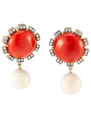 Mediterranean Coral Diamond and Pearl Earrings