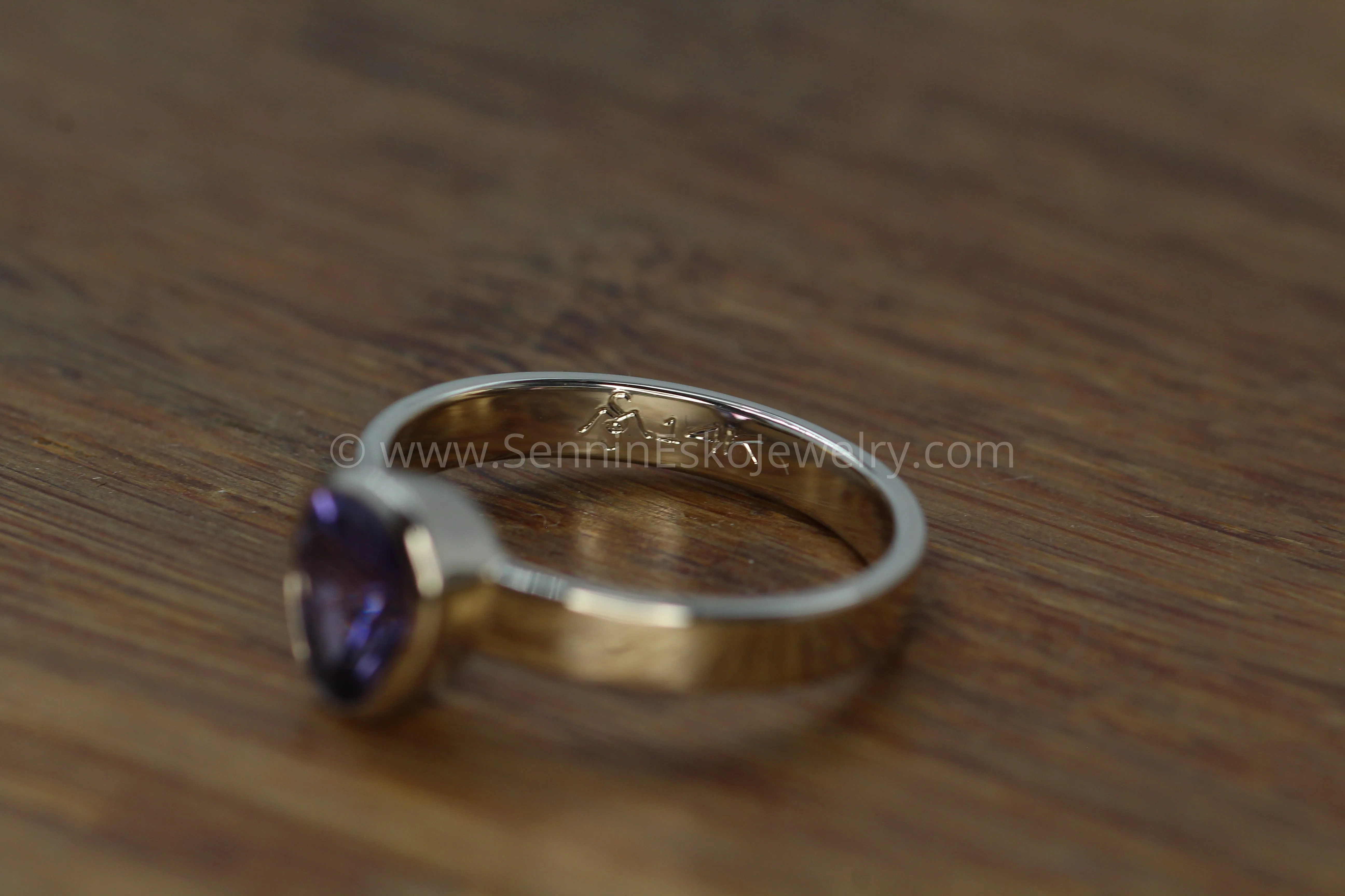 Medium Weight White Gold Bezel Ring Setting - Fantasy Cut Purple Sapphire Depicted (Setting Only, Center Stone Sold Separately)