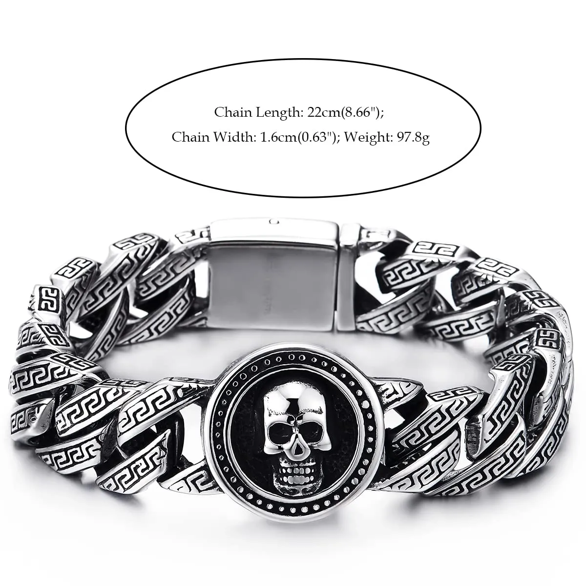 Mens Women Stainless Steel Pattern Curb Chain Bracelet with Circle of Skull, Biker Gothic