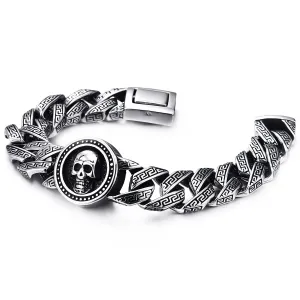 Mens Women Stainless Steel Pattern Curb Chain Bracelet with Circle of Skull, Biker Gothic