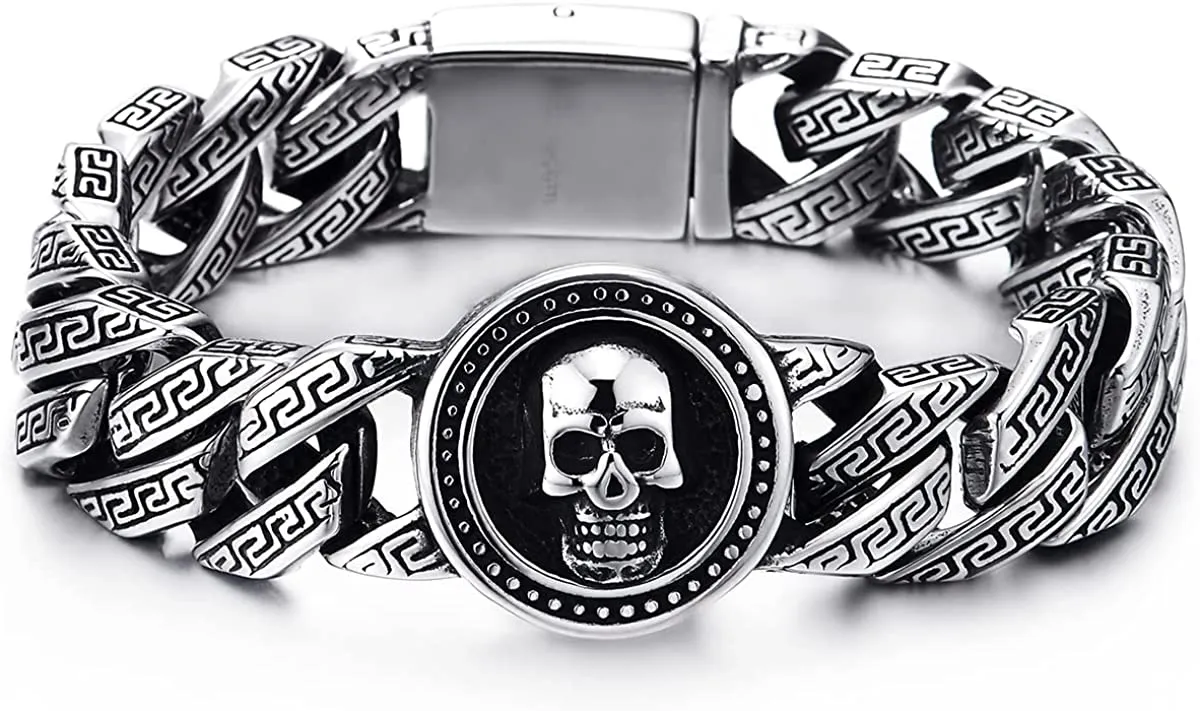 Mens Women Stainless Steel Pattern Curb Chain Bracelet with Circle of Skull, Biker Gothic