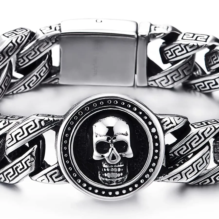 Mens Women Stainless Steel Pattern Curb Chain Bracelet with Circle of Skull, Biker Gothic