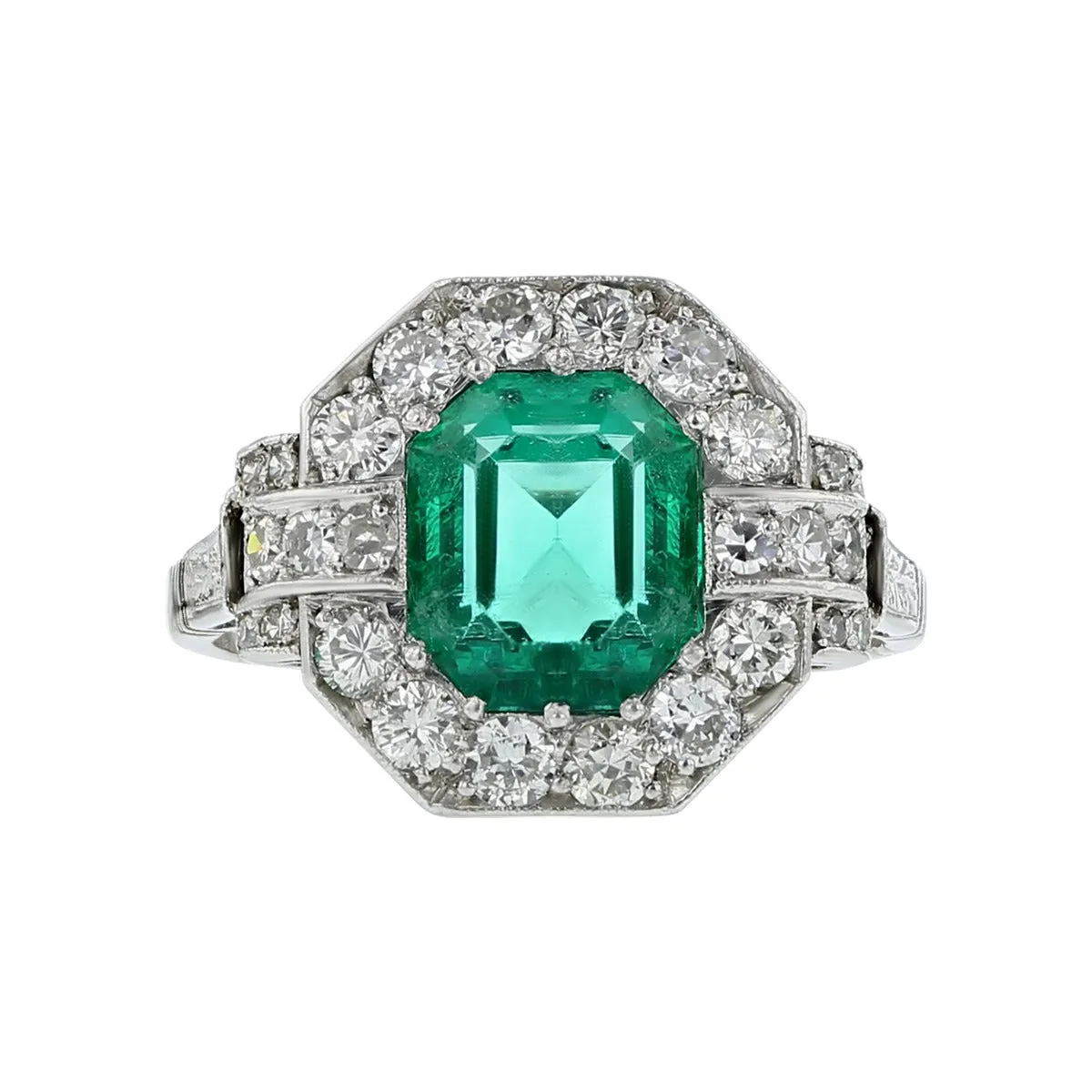 Mid-Century Platinum Emerald Ring with Diamonds