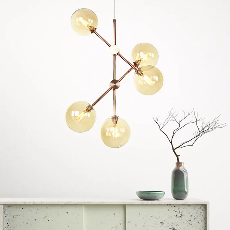 Modernist Amber/Smoke Gray Glass LED Chandelier Lamp with 5 Bulbs - Stylish Hanging Ceiling Lighting for Living Room